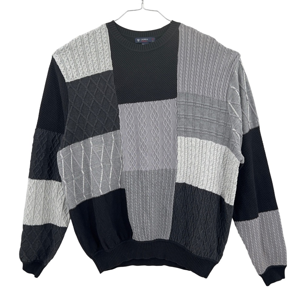 Cremieux Collection‎ Mens Patchwork Cable Knit Cotton Crewneck Sweater XL